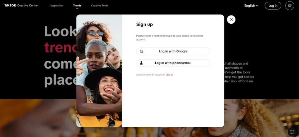 Sign up for TikTok Ads Creative Center