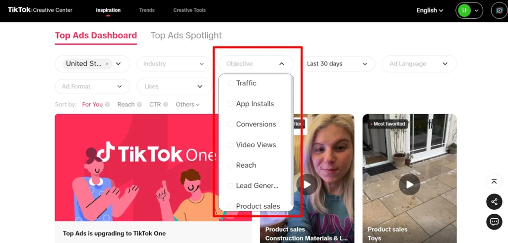 TikTok Ads Creative Center - Filters in Top Ads Dashboard