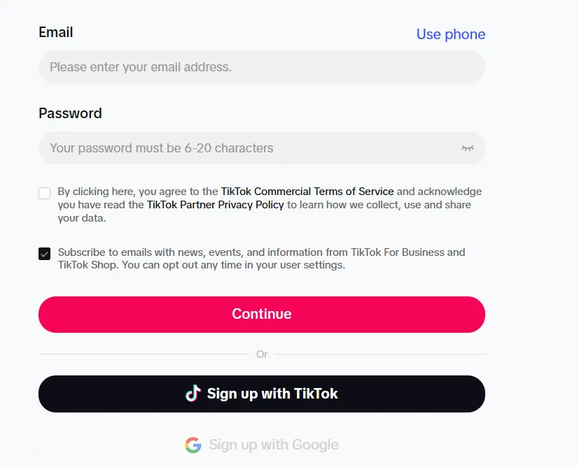 Create Account at TikTok For Business