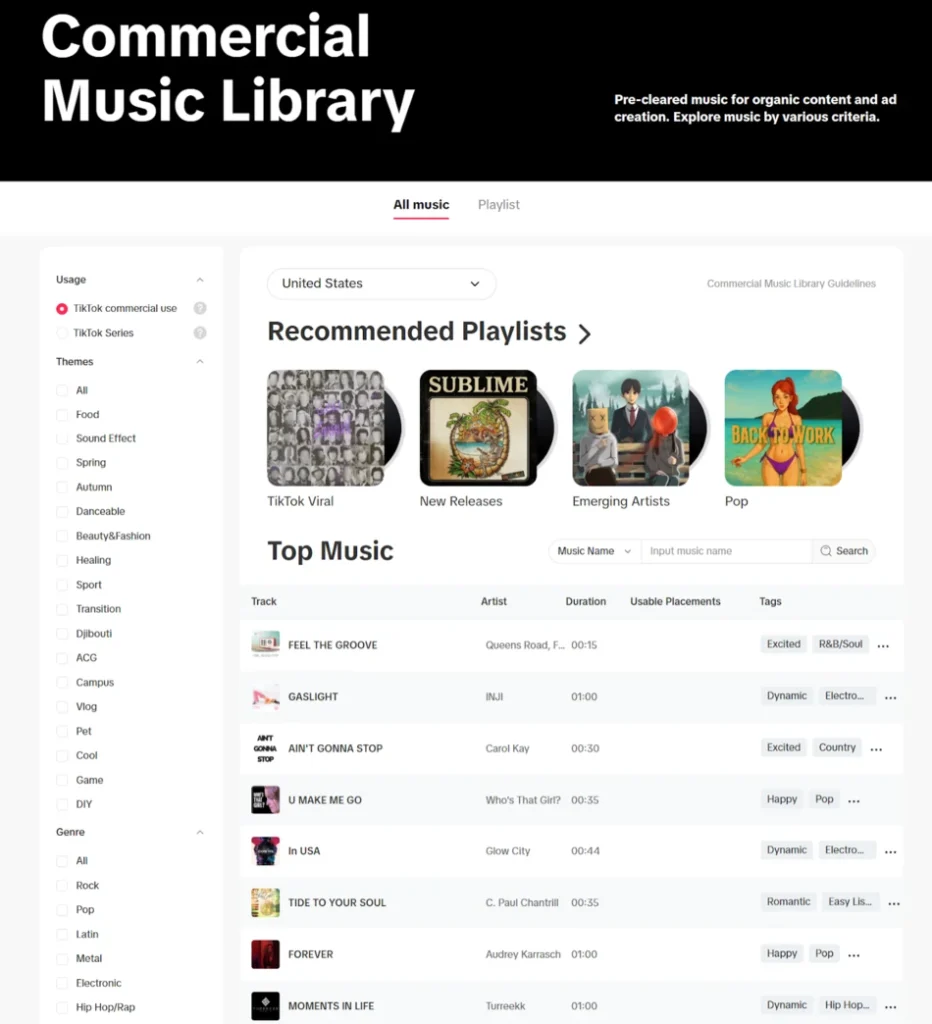 Tiktok Creative Center Commercial music Library